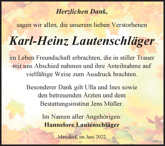 Traueranzeige von Karl-Heinz Lautenschläger von Trauerkombi Quedlinburg