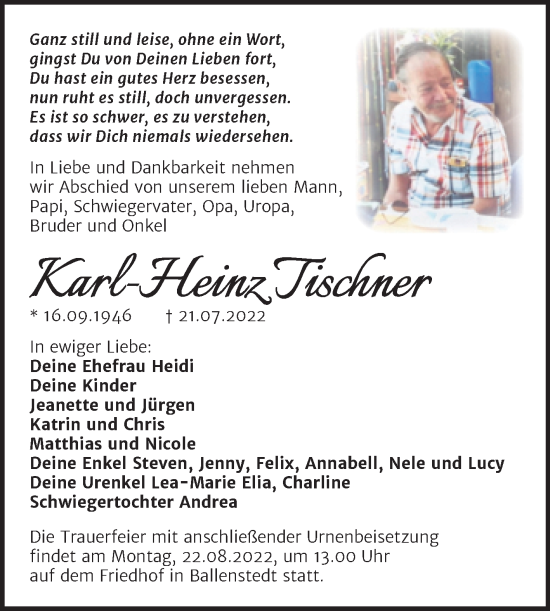 Traueranzeige von Karl-Heinz Tischner von Trauerkombi Quedlinburg