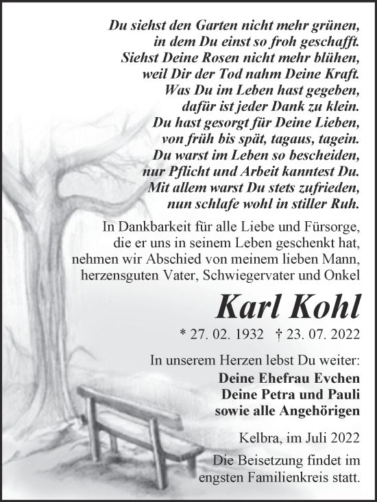 Traueranzeige von Karl Kohl von Trauerkombi Sangerhausen