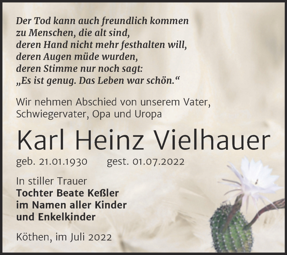 Traueranzeigen von Karl Heinz Vielhauer www.abschiednehmen.de