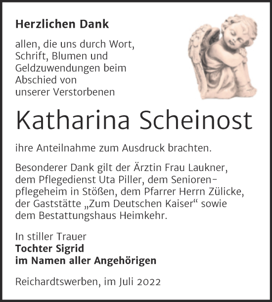 Traueranzeige von Katharina Scheinost von Trauerkombi Weißenfels