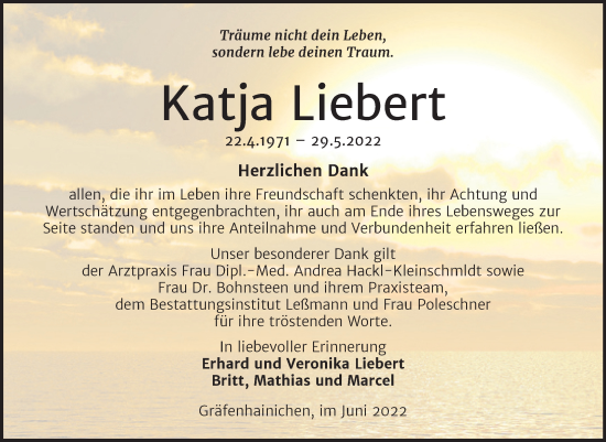 Traueranzeige von Katja Liebert von Trauerkombi Wittenberg