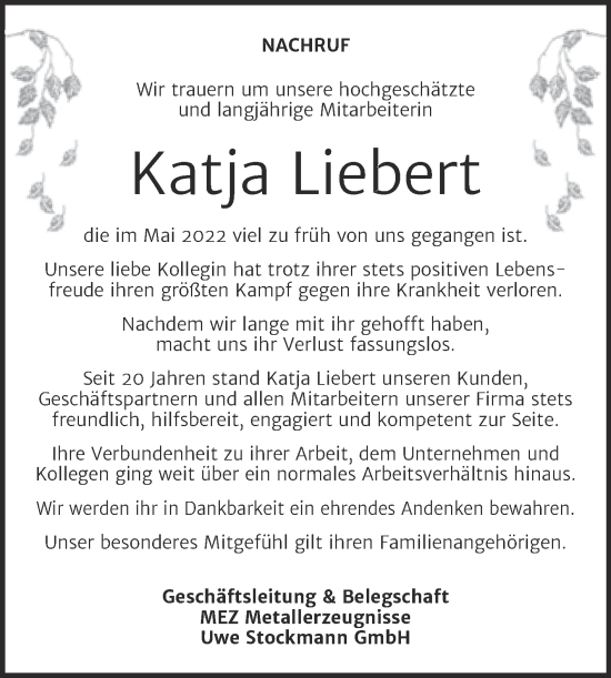 Traueranzeige von Katja Liebert von Mitteldeutsche Zeitung