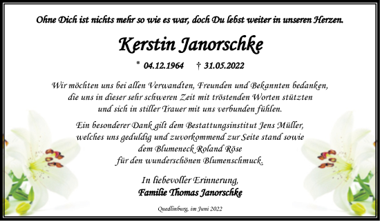 Traueranzeige von Kerstin Janorschke von Trauerkombi Quedlinburg