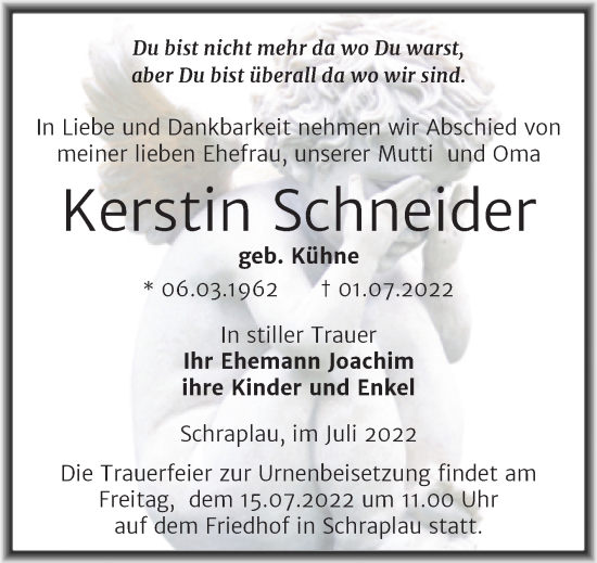 Traueranzeige von Kerstin Schneider von Trauerkombi Merseburg