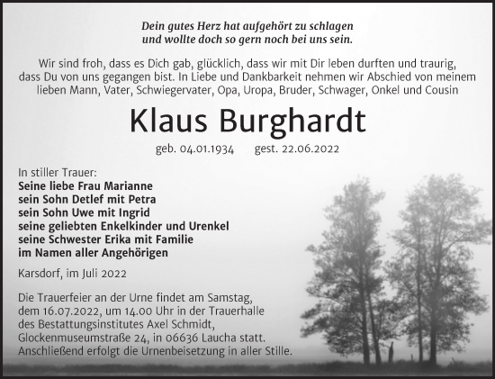 Traueranzeige von Klaus Burghardt von Wochenspiegel Naumburg/Nebra
