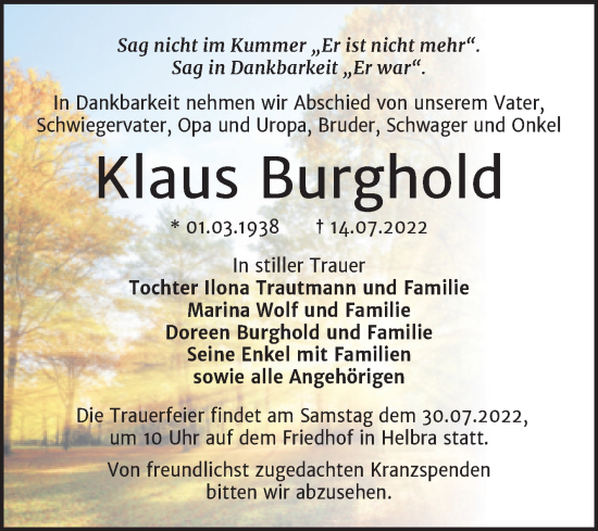 Traueranzeige von Klaus Burghold von Trauerkombi Mansfelder Land