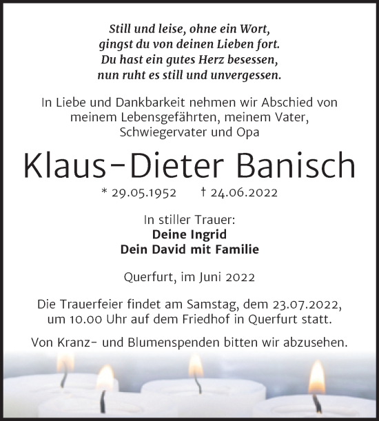 Traueranzeige von Klaus-Dieter Banisch von Trauerkombi Merseburg