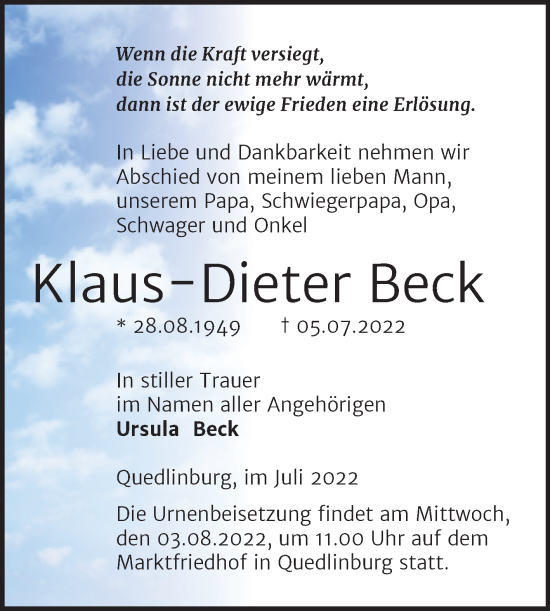 Traueranzeige von Klaus-Dieter Beck von Trauerkombi Quedlinburg