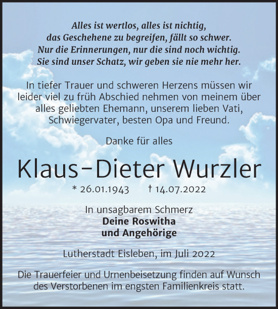 Traueranzeige von Klaus-Dieter Wurzler von Trauerkombi Mansfelder Land