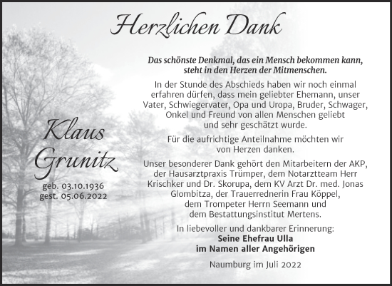 Traueranzeige von Klaus Grunitz von Wochenspiegel Naumburg/Nebra