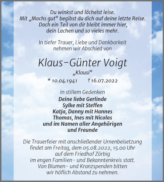 Traueranzeige von Klaus-Günter Voigt von Trauerkombi Bitterfeld