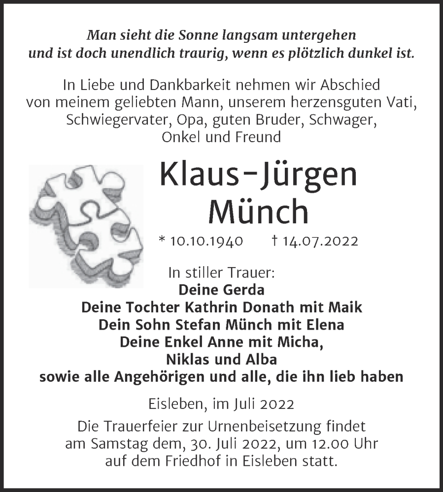  Traueranzeige für Klaus-Jürgen Münch vom 23.07.2022 aus Trauerkombi Mansfelder Land