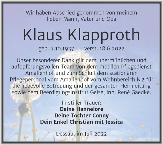 Traueranzeige von Klaus Klapproth von Trauerkombi Dessau