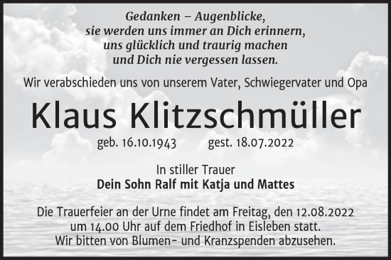 Traueranzeige von Klaus Klitzschmüller von Trauerkombi Mansfelder Land