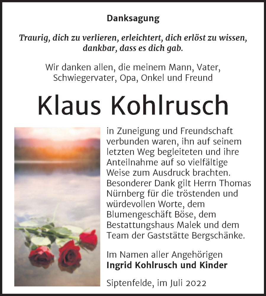  Traueranzeige für Klaus Kohlrusch vom 23.07.2022 aus Trauerkombi Quedlinburg