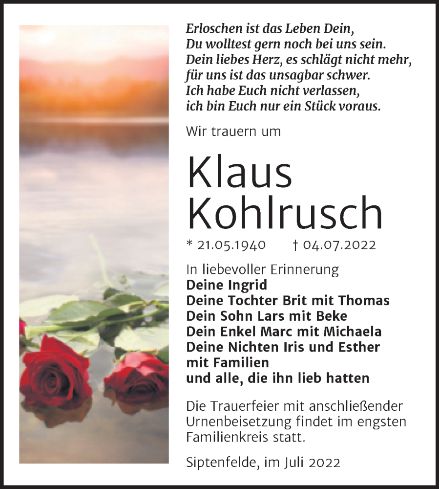  Traueranzeige für Klaus Kohlrusch vom 09.07.2022 aus Trauerkombi Quedlinburg