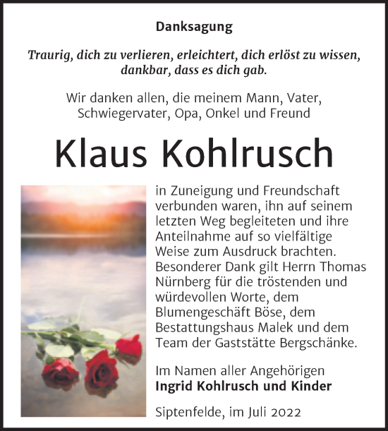 Traueranzeige von Klaus Kohlrusch von Trauerkombi Quedlinburg