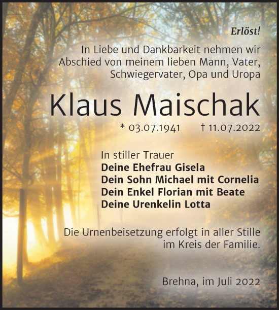 Traueranzeige von Klaus Maischak von Trauerkombi Bitterfeld