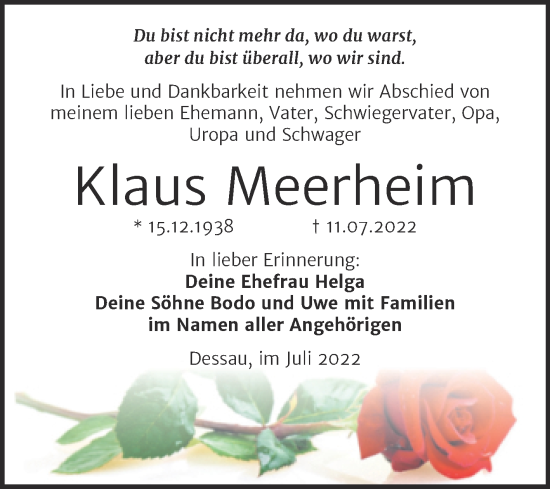 Traueranzeige von Klaus Meerheim von Trauerkombi Dessau