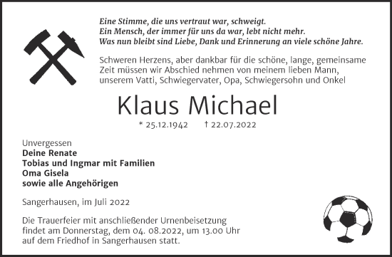 Traueranzeige von Klaus Michael von Trauerkombi Sangerhausen
