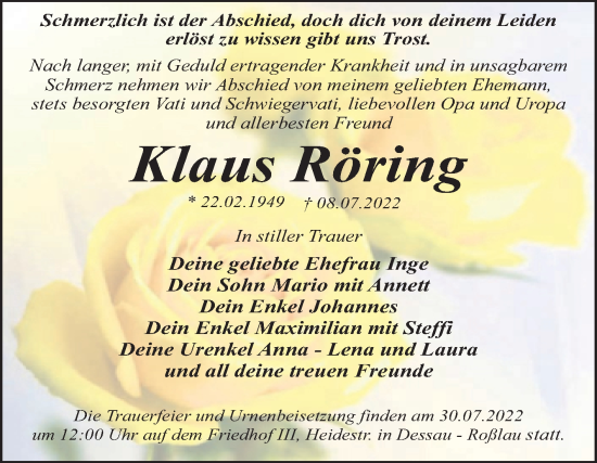 Traueranzeige von Klaus Röring von Trauerkombi Dessau