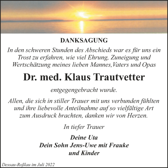Traueranzeige von Klaus Trautvetter von Trauerkombi Dessau