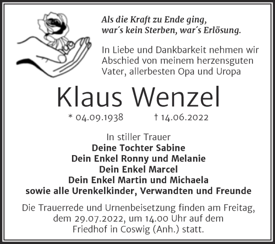 Traueranzeige von Klaus Wenzel von Trauerkombi Wittenberg