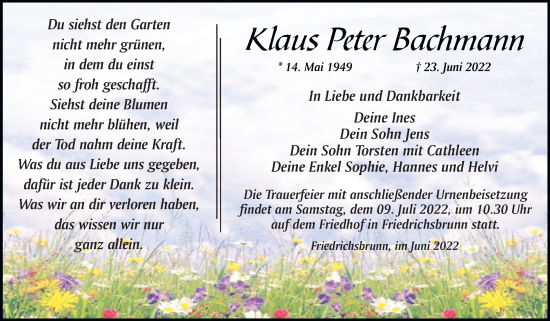 Traueranzeige von Klaus Peter Bachmann von Mitteldeutsche Zeitung Quedlingburg