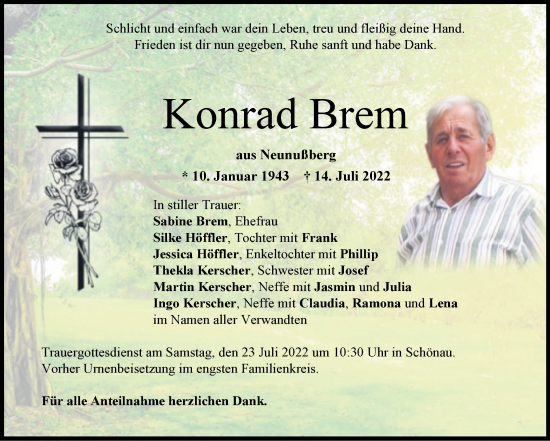 Traueranzeige von Konrad Brem von Wochenspiegel Weißenfels