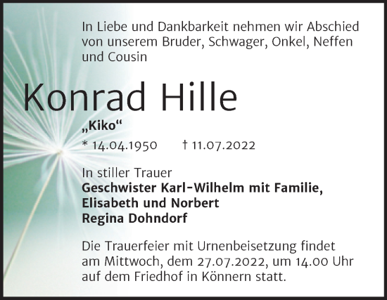 Traueranzeige von Konrad Hille von Trauerkombi Bernburg