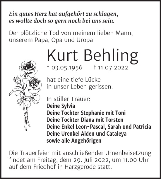 Traueranzeige von Kurt Behling von Trauerkombi Quedlinburg