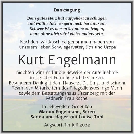 Traueranzeige von Kurt Engelmann von Trauerkombi Mansfelder Land