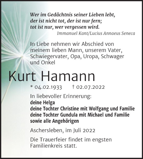 Traueranzeige von Kurt Hamann von Trauerkombi Aschersleben