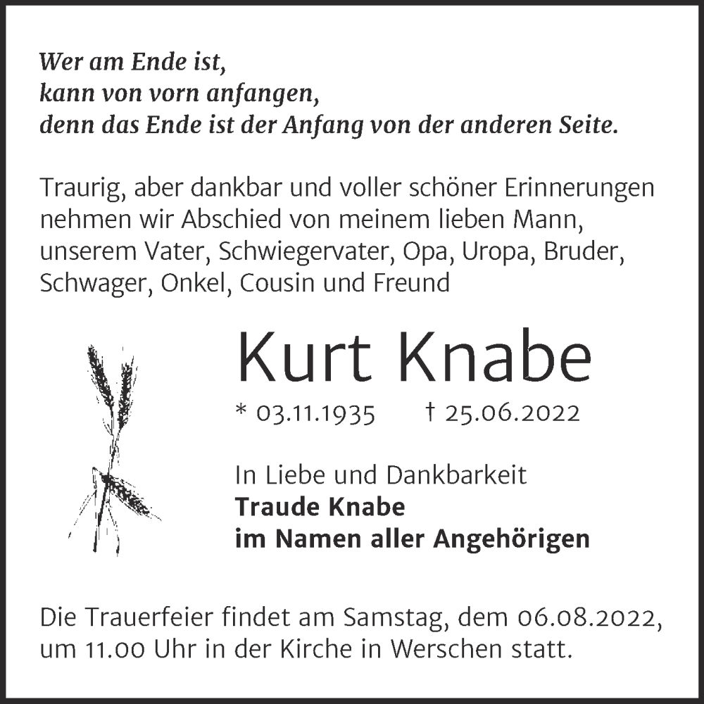  Traueranzeige für Kurt Knabe vom 02.07.2022 aus Trauerkombi Weißenfels