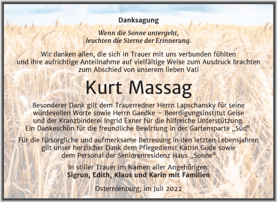Traueranzeige von Kurt Massag von Trauerkombi Köthen