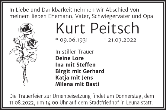 Traueranzeige von Kurt Peitsch von Trauerkombi Merseburg