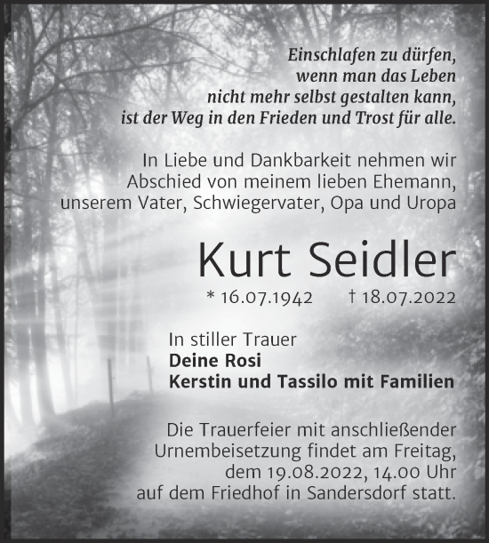 Traueranzeige von Kurt Seidler von Trauerkombi Bitterfeld