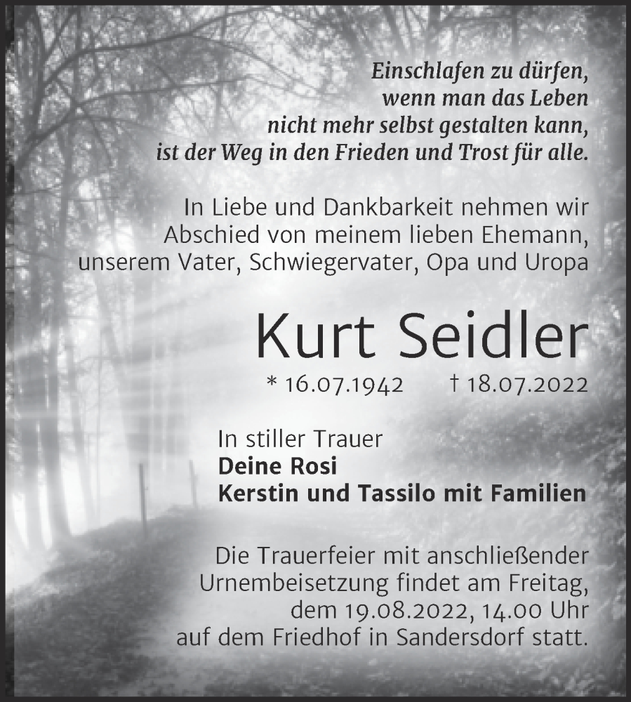  Traueranzeige für Kurt Seidler vom 30.07.2022 aus Trauerkombi Bitterfeld