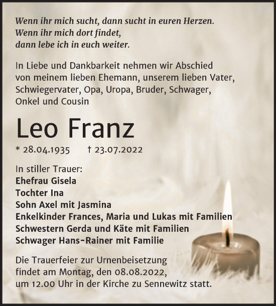 Traueranzeige von Leo Franz von Mitteldeutsche Zeitung Halle/Saalkreis