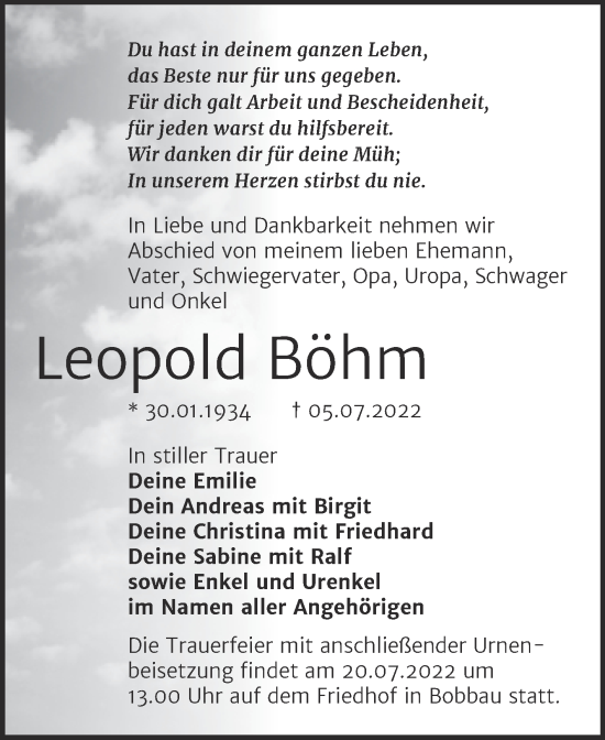 Traueranzeige von Leopold Böhm von Trauerkombi Bitterfeld