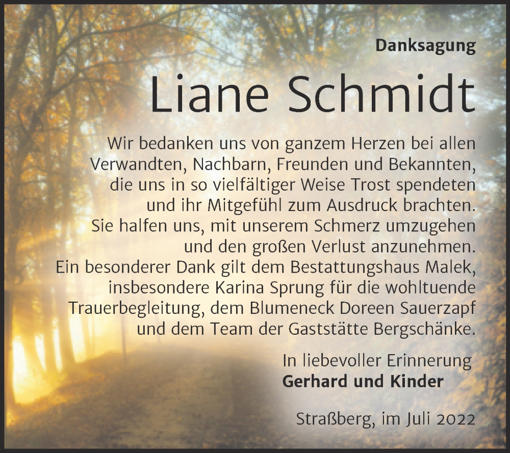  Traueranzeige für Liane Schmidt vom 23.07.2022 aus Trauerkombi Quedlinburg