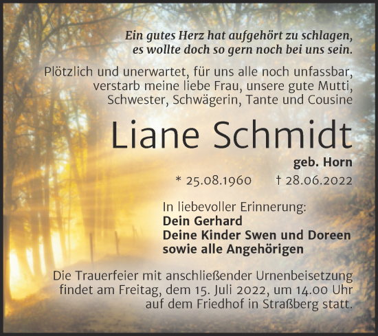 Traueranzeige von Liane Schmidt von Trauerkombi Quedlinburg