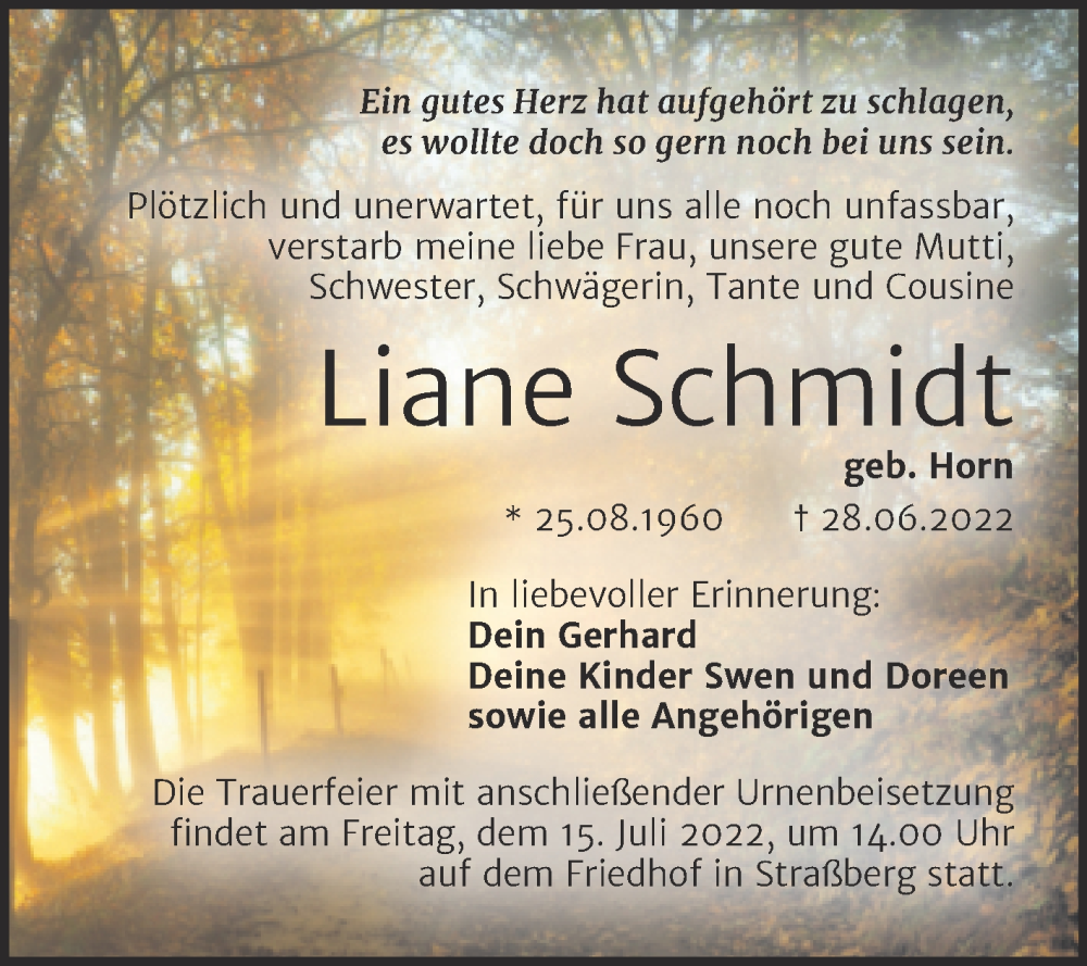  Traueranzeige für Liane Schmidt vom 02.07.2022 aus Trauerkombi Quedlinburg