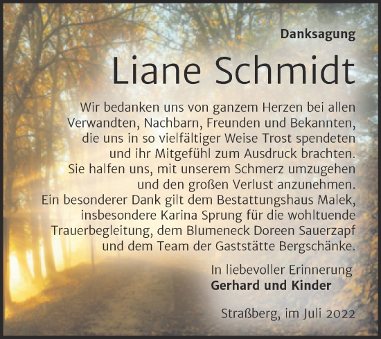Traueranzeige von Liane Schmidt von Trauerkombi Quedlinburg