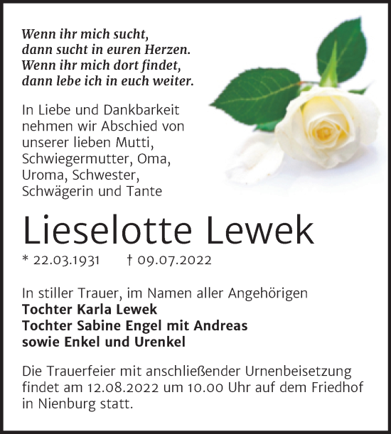 Traueranzeige von Lieselotte Lewek von Trauerkombi Bernburg