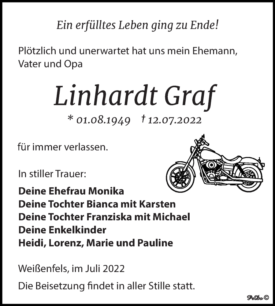  Traueranzeige für Linhardt Graf vom 23.07.2022 aus Trauerkombi Weißenfels