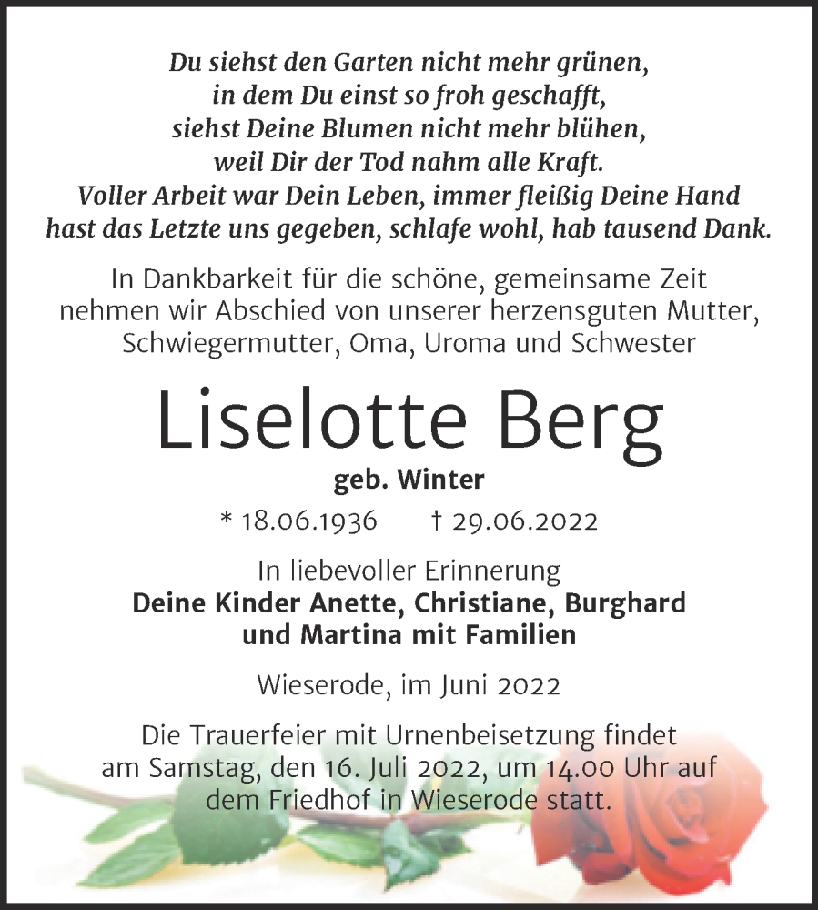  Traueranzeige für Liselotte Berg vom 09.07.2022 aus Trauerkombi Quedlinburg
