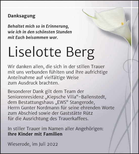 Traueranzeige von Liselotte Berg von Trauerkombi Quedlinburg