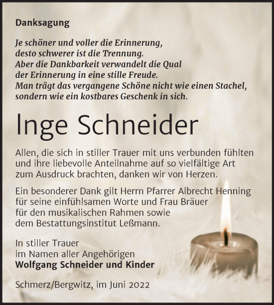 Traueranzeige von lnge Schneider von Trauerkombi Bitterfeld